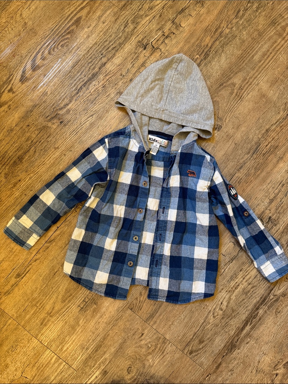 Kids Headquarters Blue and Gray Plaid Hooded Button-Down Shirt